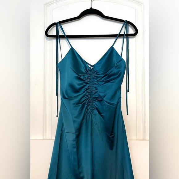 Jason Wu Teal Turquoise Satin Tie Strap low black slip midi dress ruched XS - Picture 3 of 14